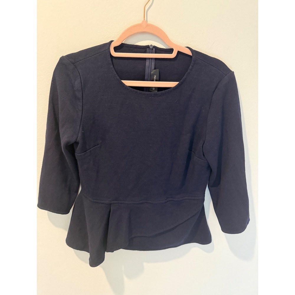 St. John Navy Blue Knit Peplum Three Quarter Sleeve Top Size 8